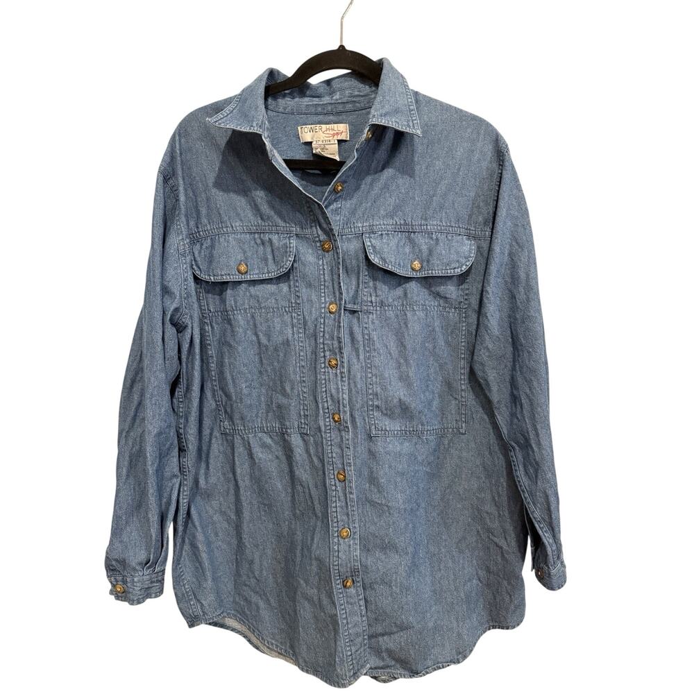 Tower Hill Sport Vintage Button Up Denim Shirt W/ Pockets Women's Sz L Oversized